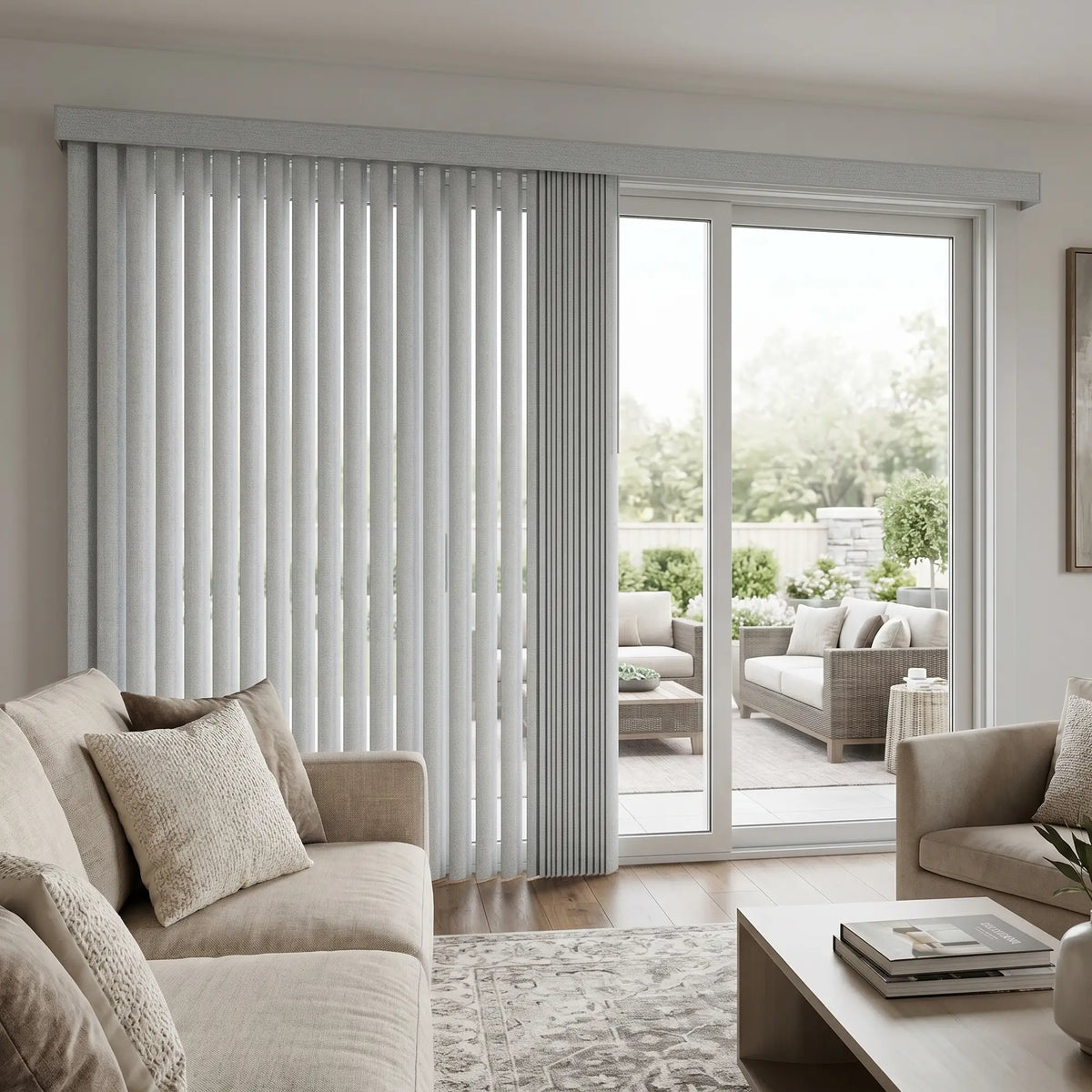 Creamy (Turnberry Washed Grey) 3 1/2 Inch S Shape Pvc Vertical Blinds providing a structured touch to a cozy living room, delivering a drapery-like aesthetic with easy-to-clean functionality.