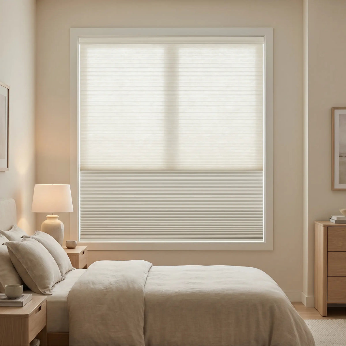 This serene bedroom is enhanced by Creamy White (Blizzard) 5 8 Daynight Single Cell Cellular Cordless Shades, enhancing the window's aesthetic seamlessly.