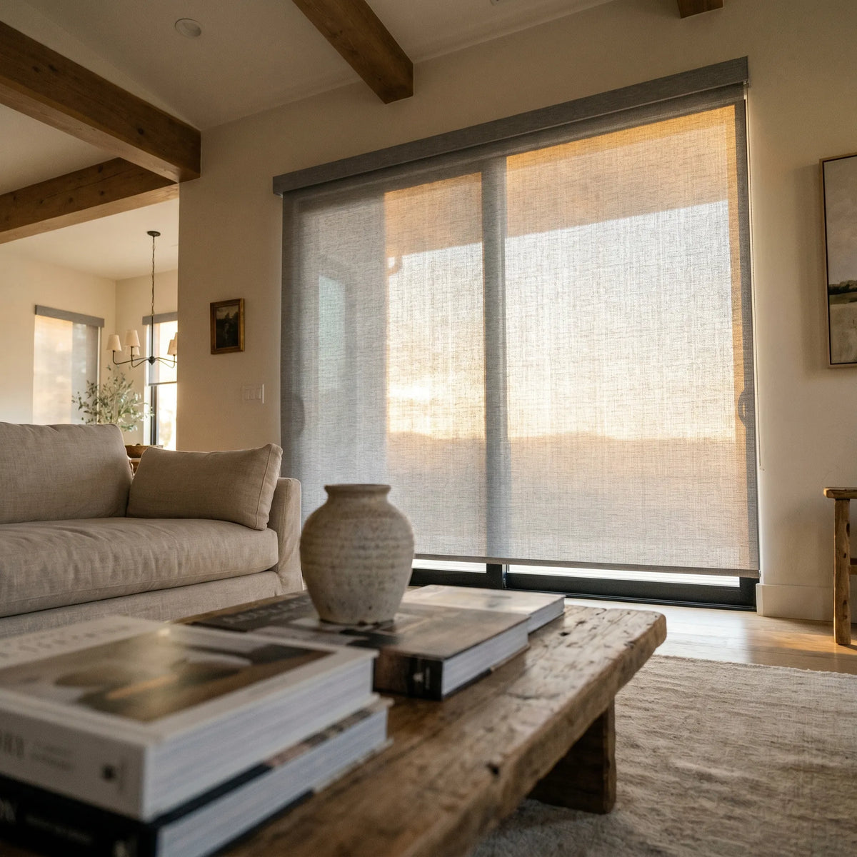 Classic Fabric Light Filtering Roller Shades, creamy white, complementing natural light in this inviting living room with comfortable seating and intellectual pursuits.