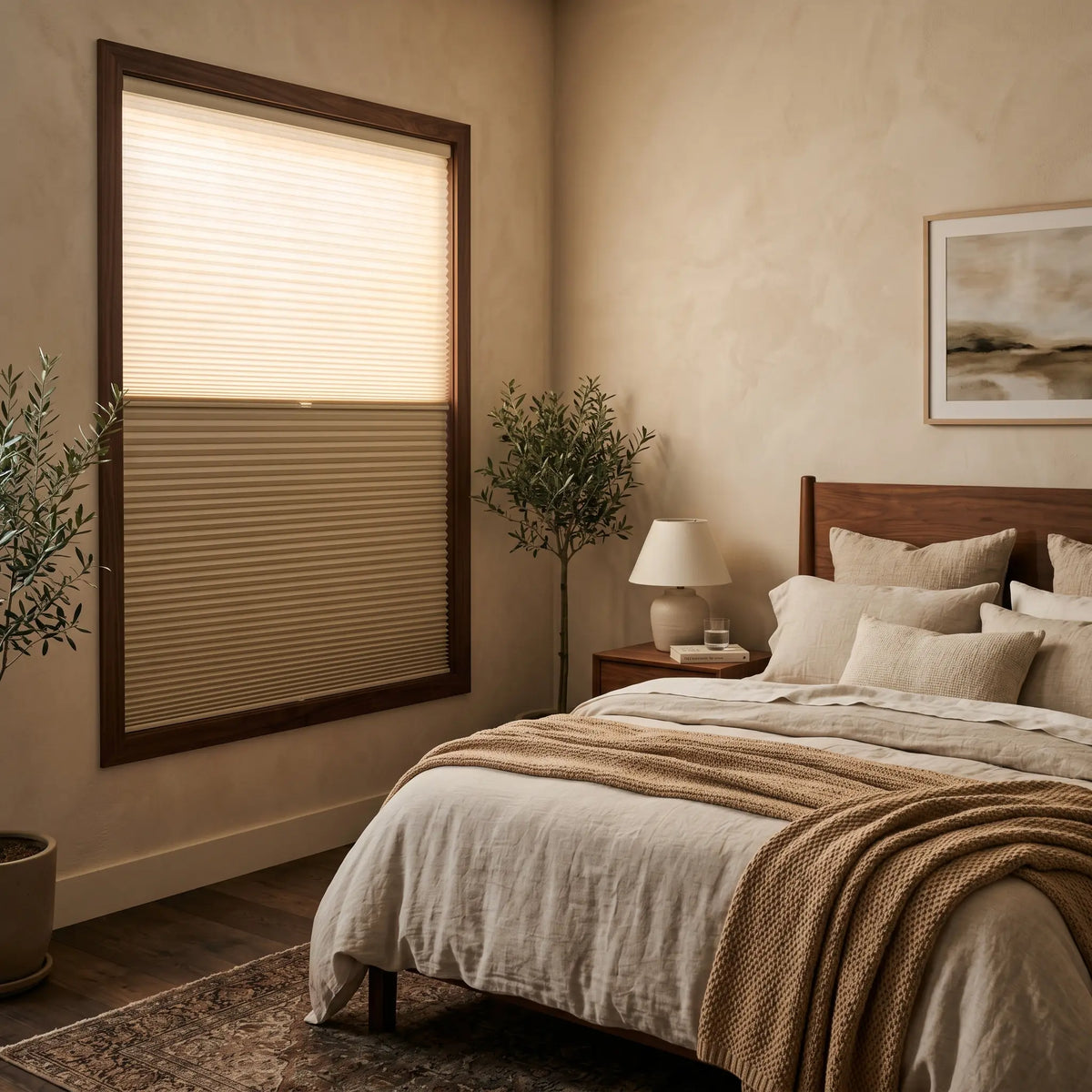 A serene bedroom featuring Creamy White 5 8 Daynight Single Cell Cellular Cordless Shades, enhancing the window's aesthetic seamlessly.