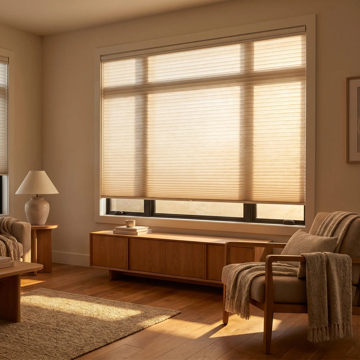 Elegant Creamy White 7 16 Inch Double Cell Light Filtering Shades complementing a cozy living room, casting a serene, filtered light across the room.