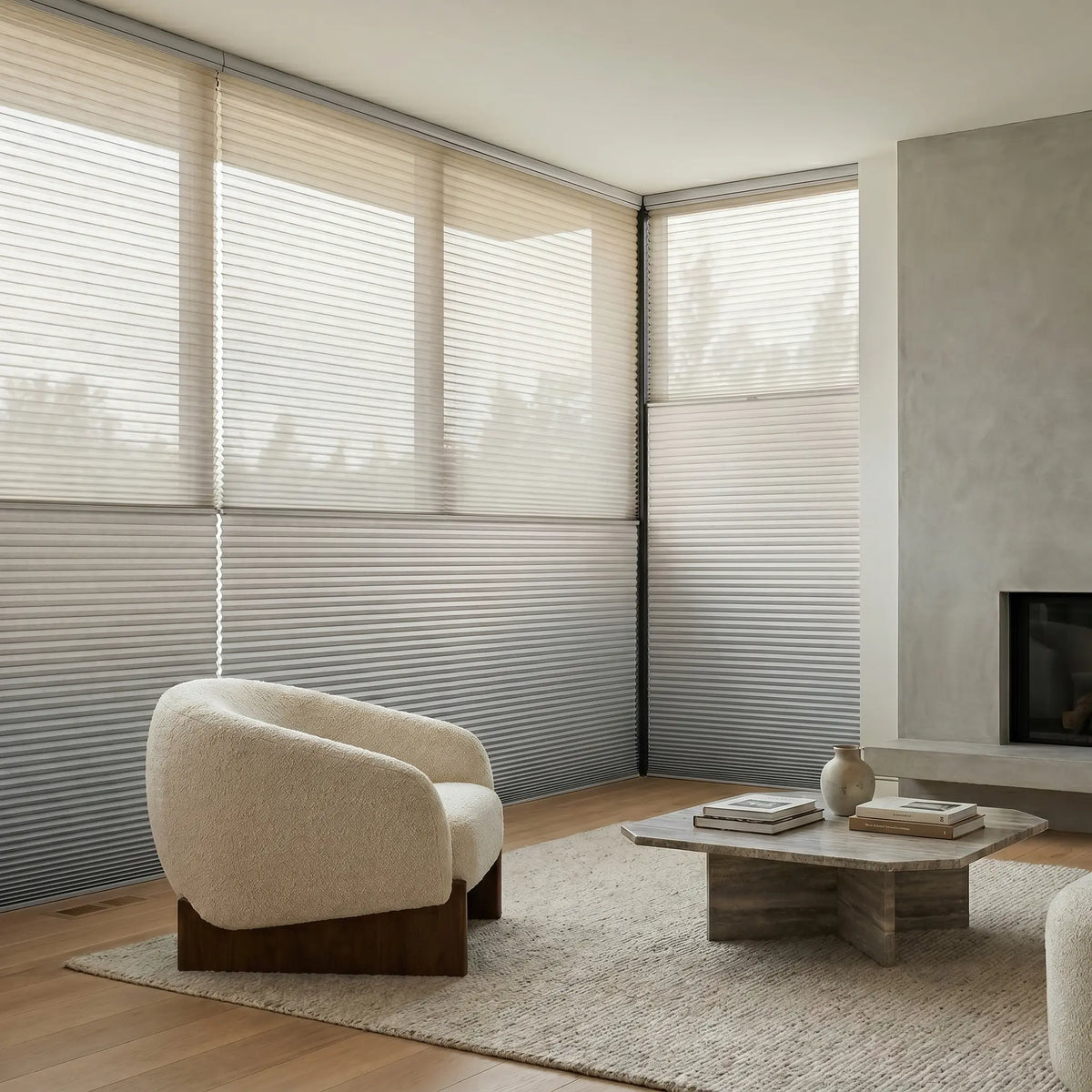 Creamy White (Dove Grey) 5 8 Daynight Single Cell Cellular Cordless Shades installed in a elegant living room, adding a refined finishing touch to the interior.