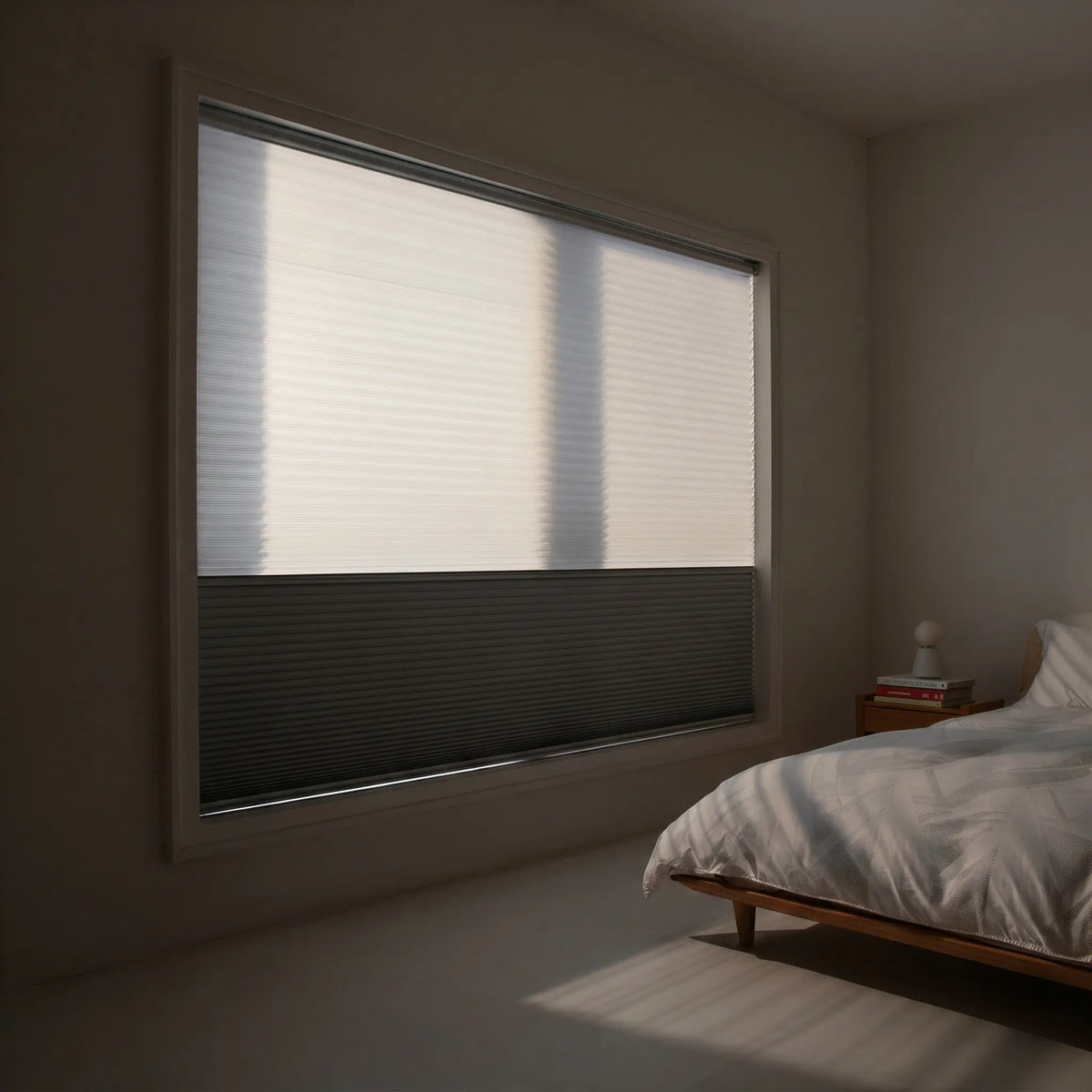 Custom window treatments: Creamy White (Antique Pewter) 9 16 Classic Single Cell Daynight Cordless Shades shown in a modern bedroom, elevating the room's overall look and feel.