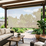 Premier 10% Solar Screen Roller Shade in creamy beige provides UV protection and style for this inviting outdoor patio with friends and family.