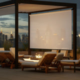 Elevate your rooftop patio with Premier 3% Solar Screen Roller Shades in creamy white, blocking harsh sun rays and enhancing ambiance.
