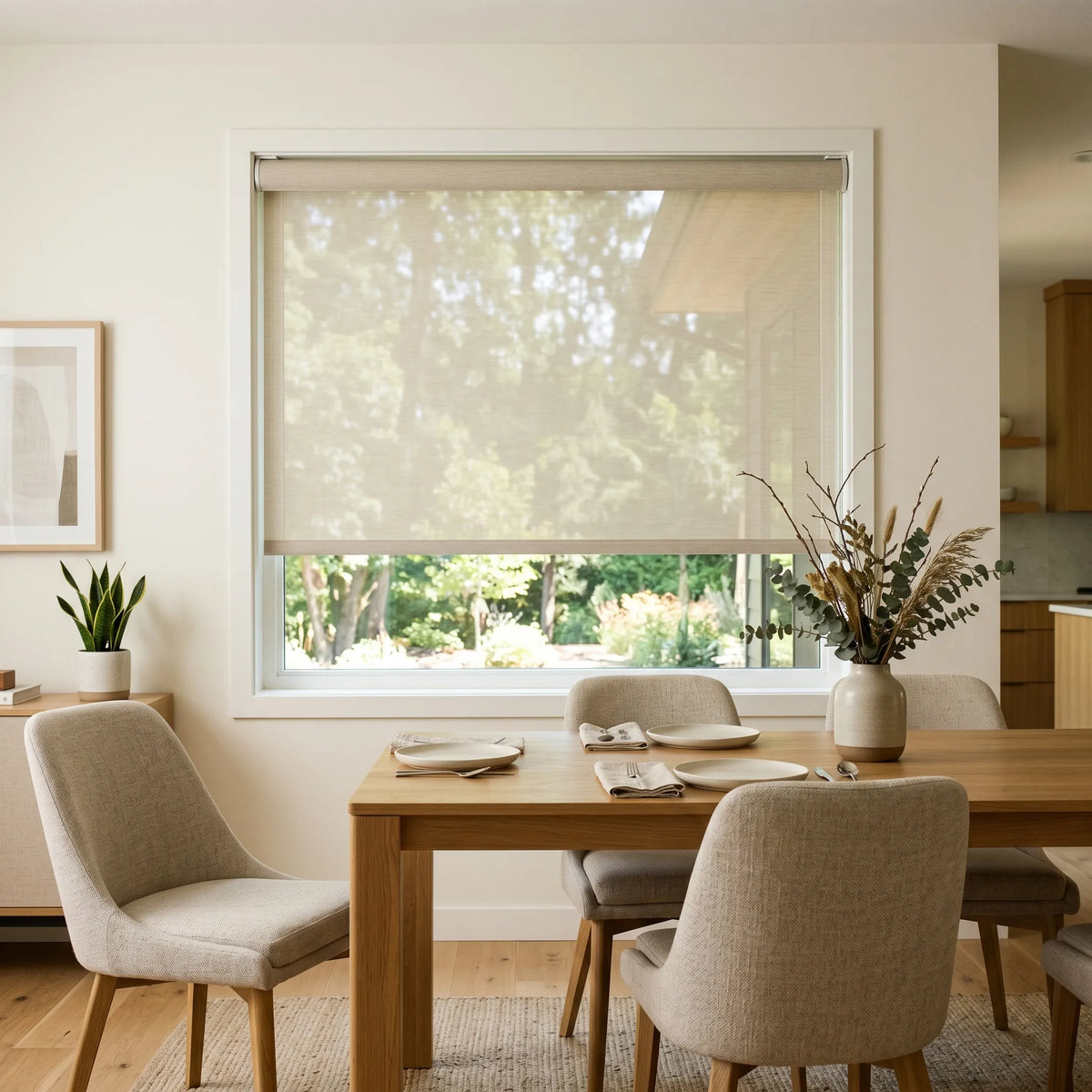 Premier 3% Solar Screen Roller Shade complements modern dining area with creamy white accents and UV protection for comfortable meals.
