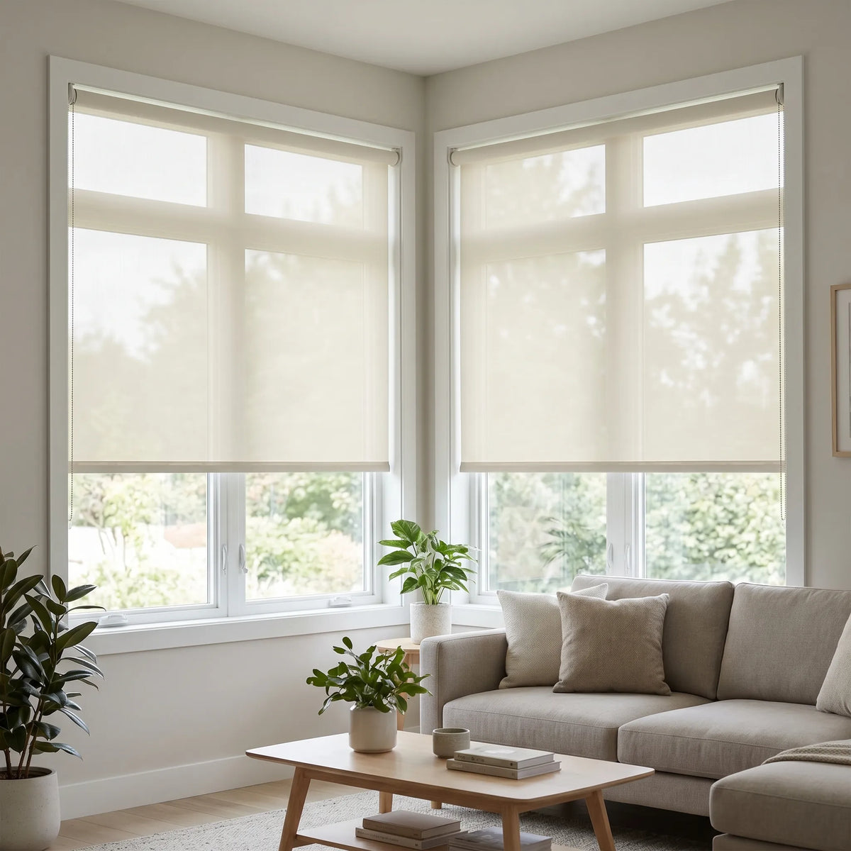 Elegant and inviting, this Premier 3% Solar Screen Roller Shade in creamy white enhances relaxation with UV protection for optimal comfort
