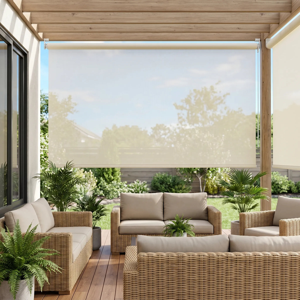 Elevate your outdoor space with the Premier 5% Solar Screen Roller Shade in Creamy White, blocking UV rays and promoting relaxation
