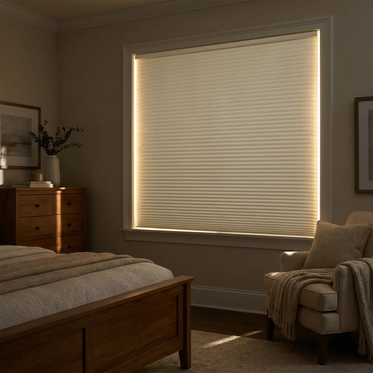 Upgrade your modern bedroom with Creamy White 1 2 Inch Budget Single Cell Blackout Cordless Shades, keeping the space completely shaded from harsh glare.