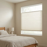 Upgrade your peaceful bedroom with Creamy White 1 2 Inch Budget Single Cell Blackout Cordless Top Downbottom Up Shades, combining maximum light control with versatile shade placement.