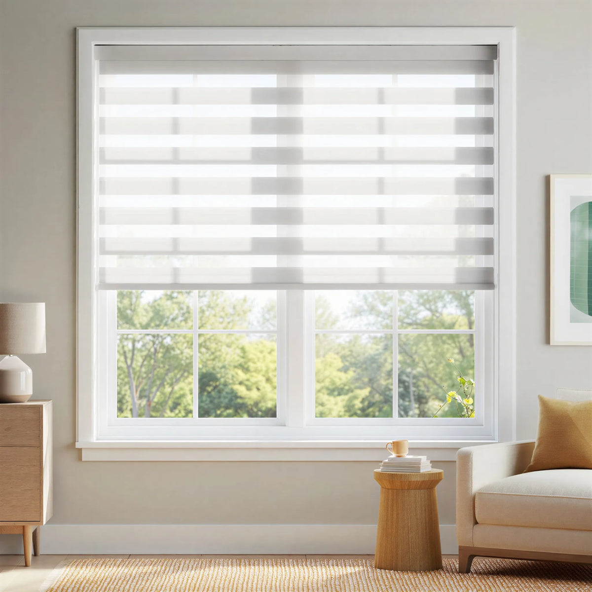 Elevate your space with Zebra Light Filtering Roller Shades in Creamy White, allowing natural light while maintaining a warm ambiance.