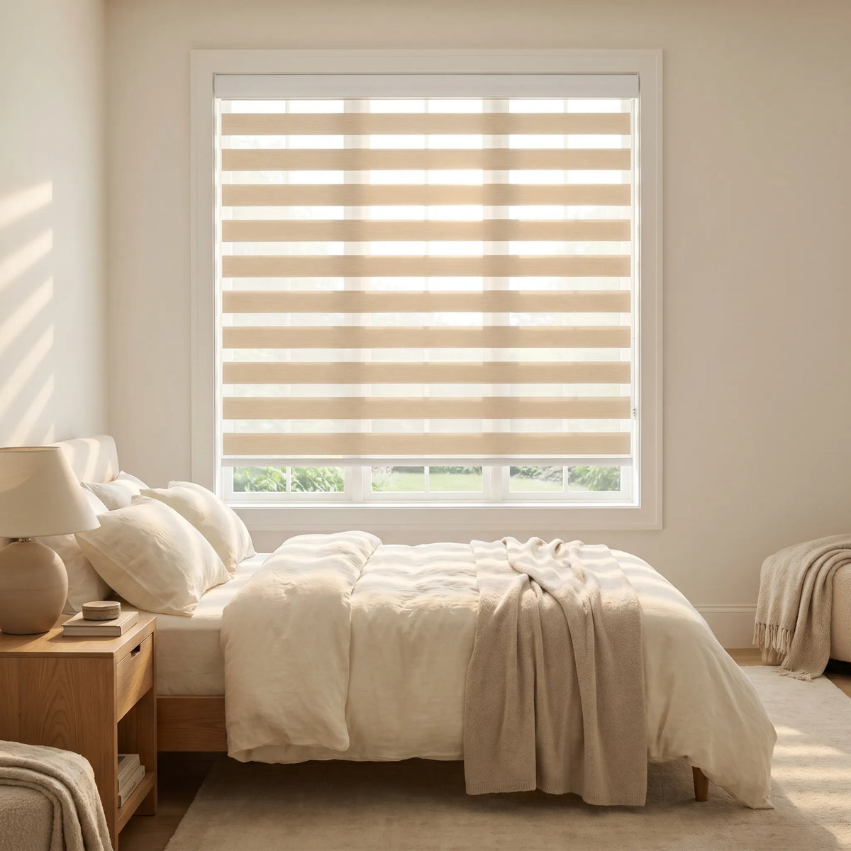 Zebra Light Filtering Roller Shades in creamy white beautifully complement this serene bedroom, allowing natural light to enter while maintaining a cozy ambiance.