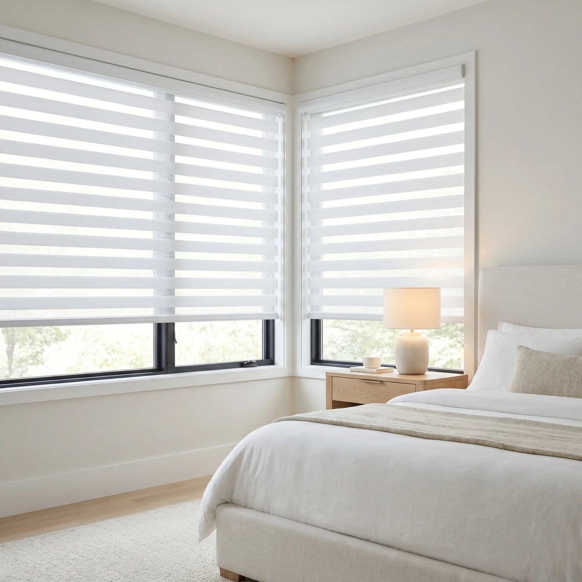 Elevate your bedroom's ambiance with Zebra Room Darkening Roller Shades in creamy white, perfect for a serene retreat from the world.