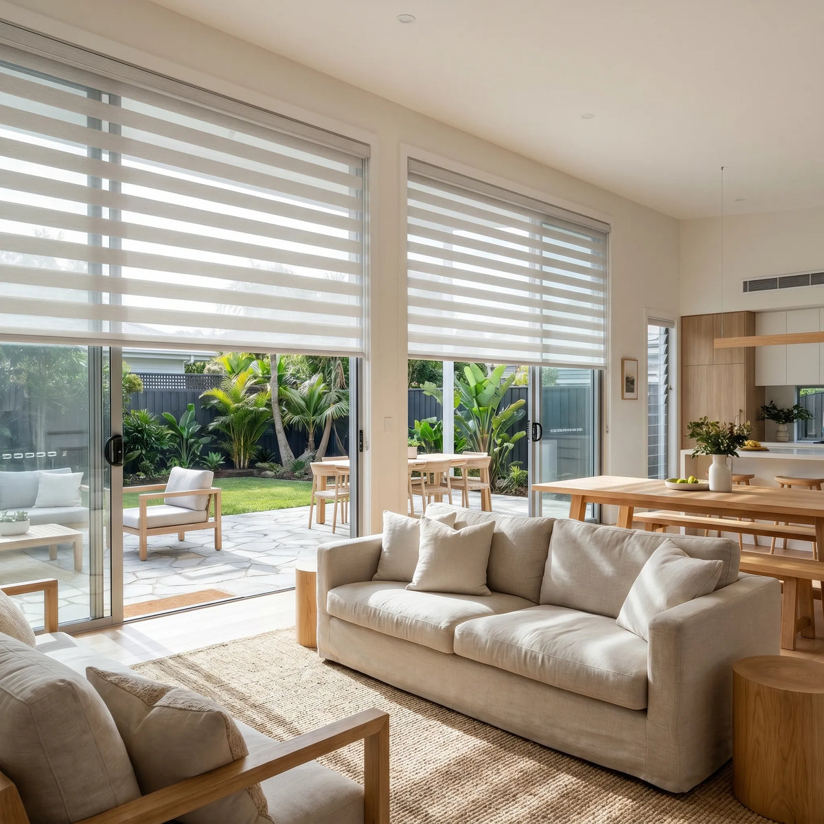 Modern living space features Zebra Solar Roller Shades in creamy white, blocking UV rays and flooding rooms with natural light.