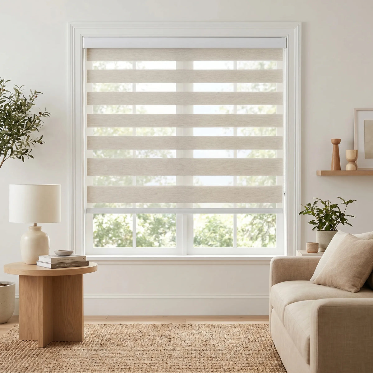 Elevate your space with Zebra Solar Roller Shades, providing UV protection and a smooth, creamy white aesthetic for modern interiors.