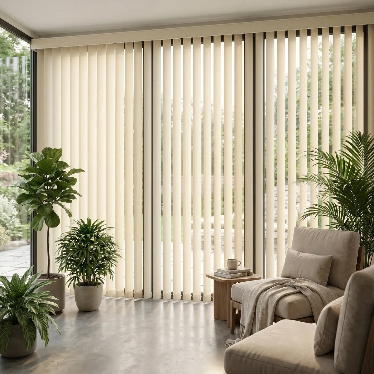 Woodtone Faux Wood PVC Vertical Blinds in Creamy white create a serene ambiance, perfectly complementing potted plants and plush chairs in this peaceful living room
