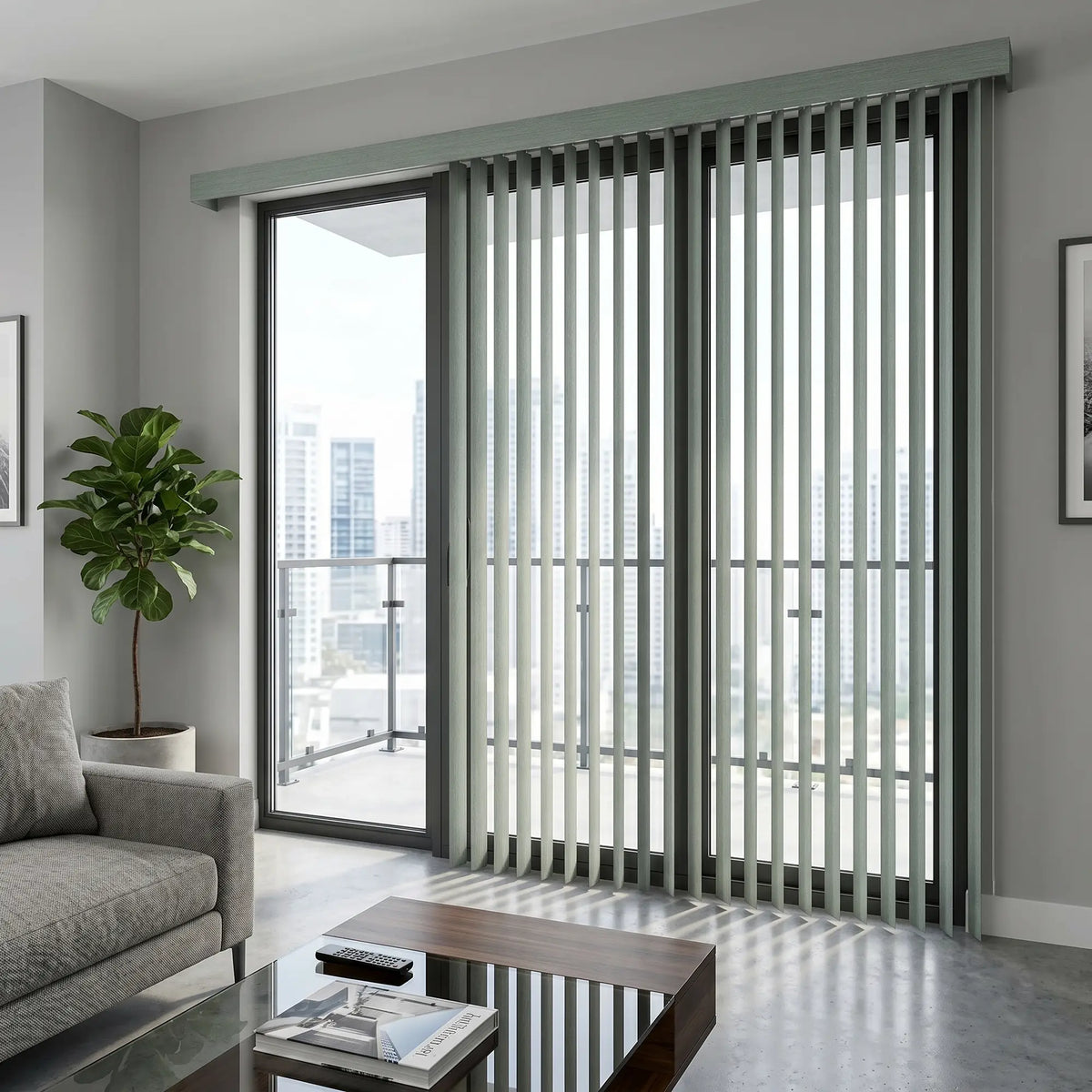 View of a serene living space with Crisp White 3 1/2 Inch Signature Pvc Vertical Blinds, perfect for covering sliding glass doors or large windows.
