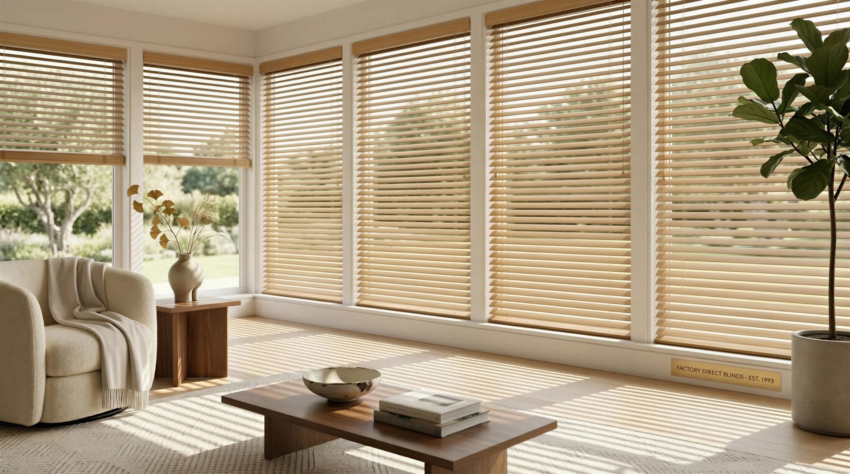 A bright, modern living room featuring Factory Direct Blinds' top-selling custom faux wood blinds on large, sunlit windows.