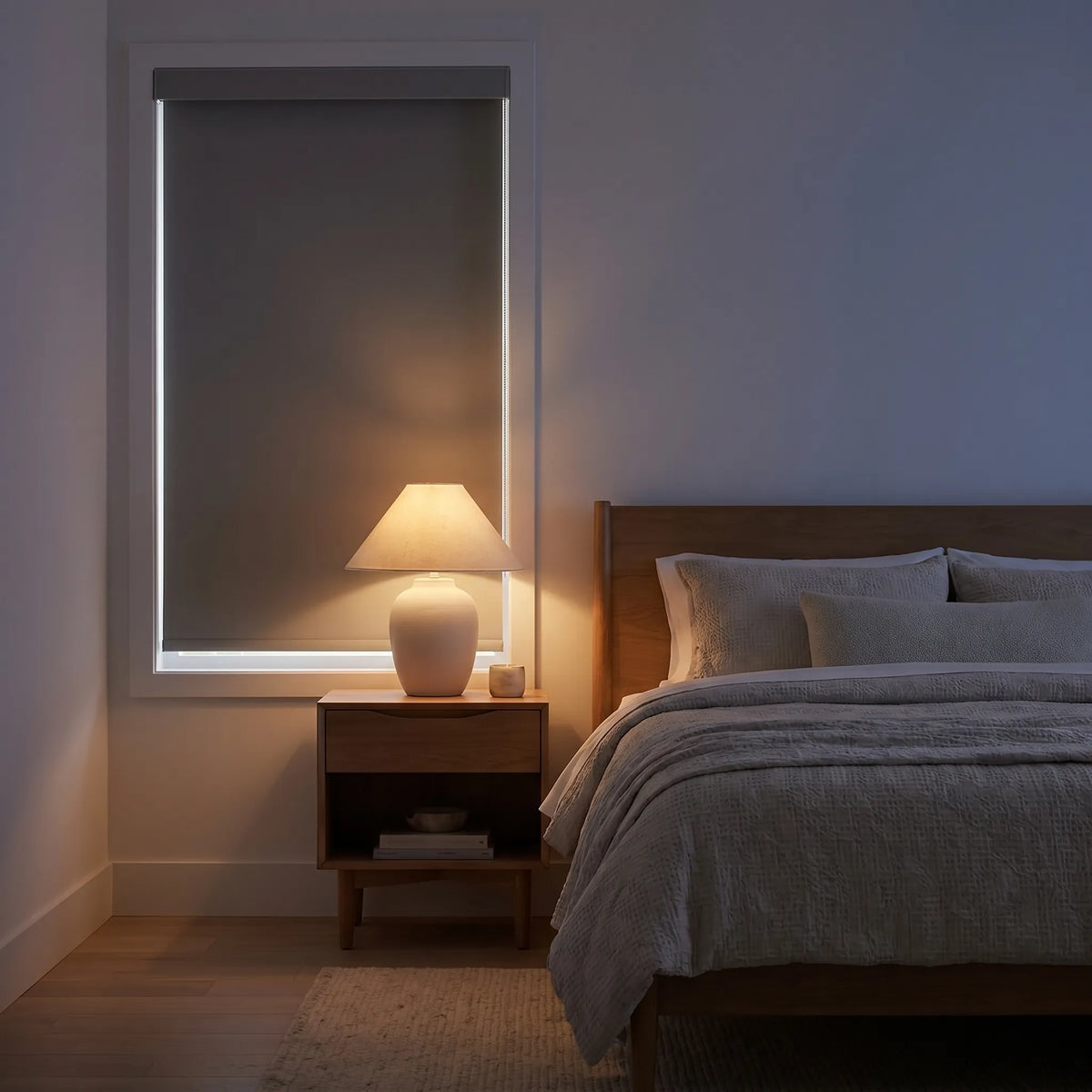 Modern Fabric Blackout Roller Shades add sleek style and light-blocking functionality to this calming bedroom with dark blue accents.