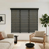 Immerse yourself in a serene atmosphere with the Hardwood Cordless Horizontal Blinds' sleek Deep Black slats, perfectly complementing the white window and beige and brown couches.
