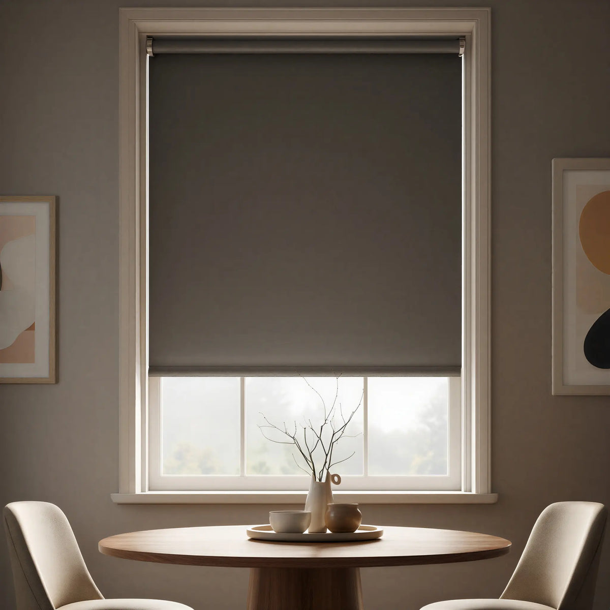 Economy Basic Vinyl Blackout Roller Shades in a doe hue bring calm elegance to this dining room, blocking out light and creating a serene atmosphere.
