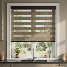 Load image into Gallery viewer, Zebra Room Darkening Roller Shades in earthy tones bring warmth and style to modern kitchens, while blocking out harsh light and creating a peaceful ambiance.
