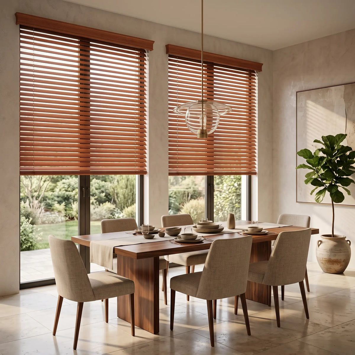 Brown Hardwood Cordless Horizontal Blinds effortlessly filter natural light, allowing a serene ambiance to settle in this peaceful garden-facing room
