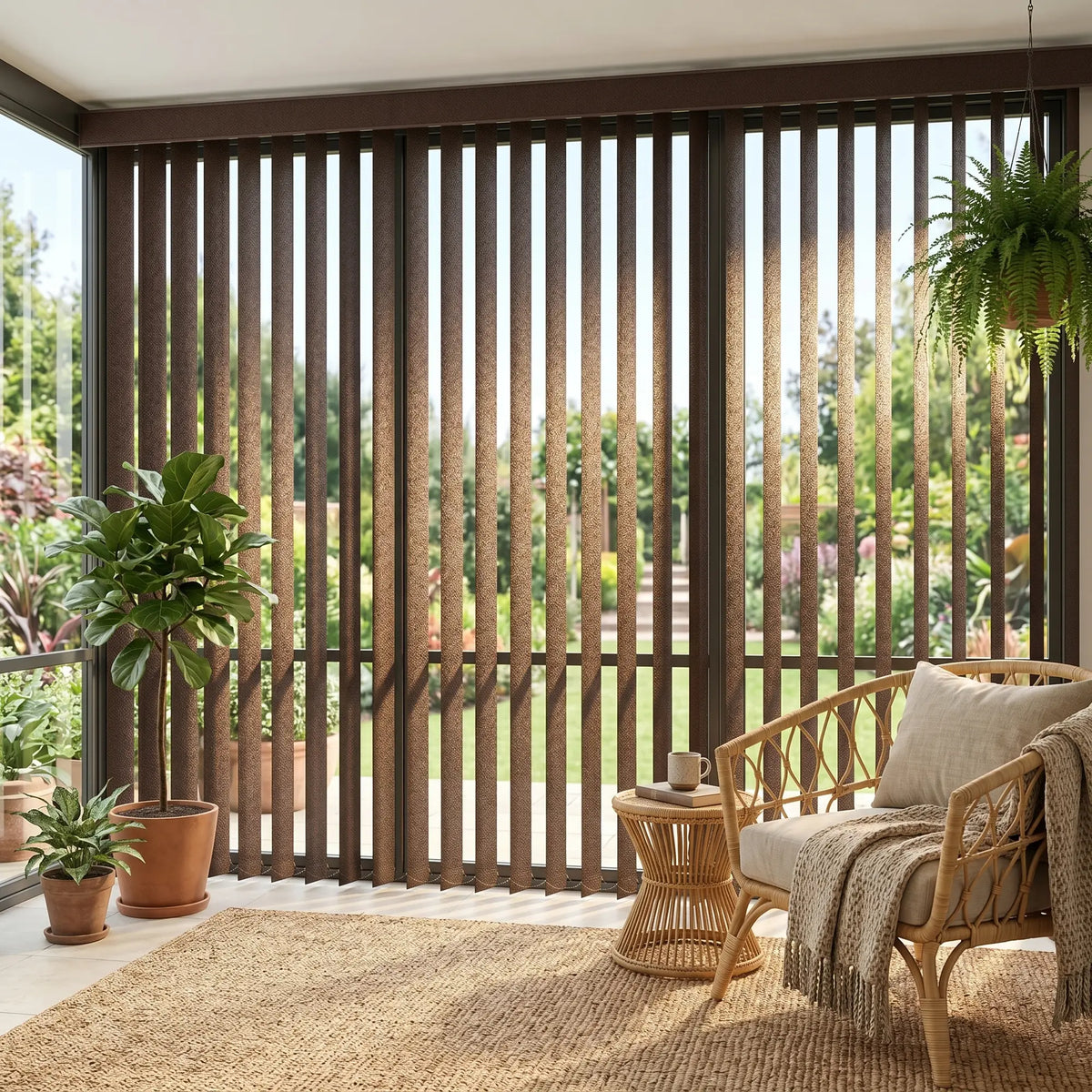 A look at Earth (Turnberry Washed Brown) S Shape Pvc Vertical Blinds inside a cozy living room, offering excellent light control and privacy for large sliding doors.