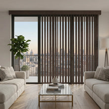 Load image into Gallery viewer, Earth (Turnberry Washed Brown) Signature Pvc Vertical Blinds installed in a warm living space, ideal for expansive windows requiring versatile light management.
