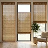 Woven Wood Cordless Top Down Bottom Up Shades effortlessly blend with wooden blinds, creating a warm and inviting atmosphere in this serene reading nook