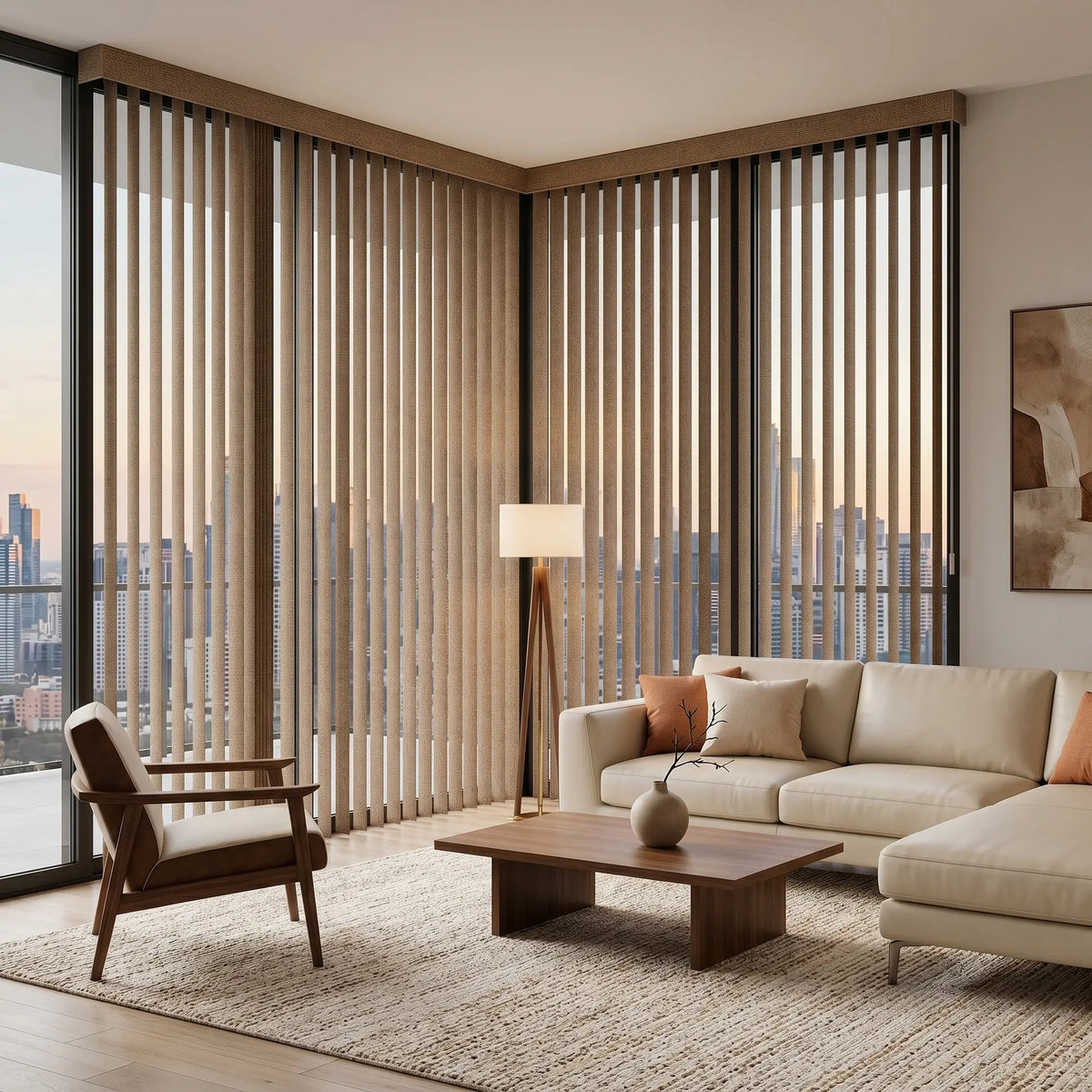 Custom window treatments: Earthly (Cay Pecan) Signature Pvc Vertical Blinds shown in a warm living space, perfect for covering sliding glass doors or large windows.