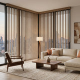 Custom window treatments: Earthly (Cay Pecan) Signature Pvc Vertical Blinds shown in a warm living space, perfect for covering sliding glass doors or large windows.
