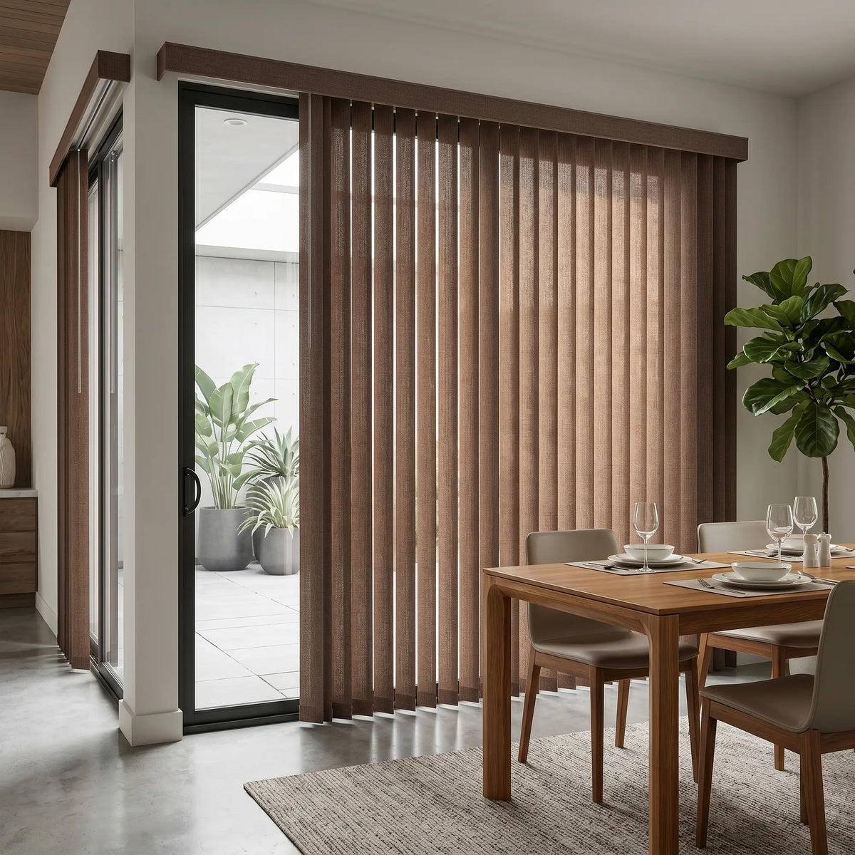 Signature Collection Fabric Vertical Blinds in Earthly tone harmonize with potted plants and wooden deck, while smoothly covering sliding glass door.