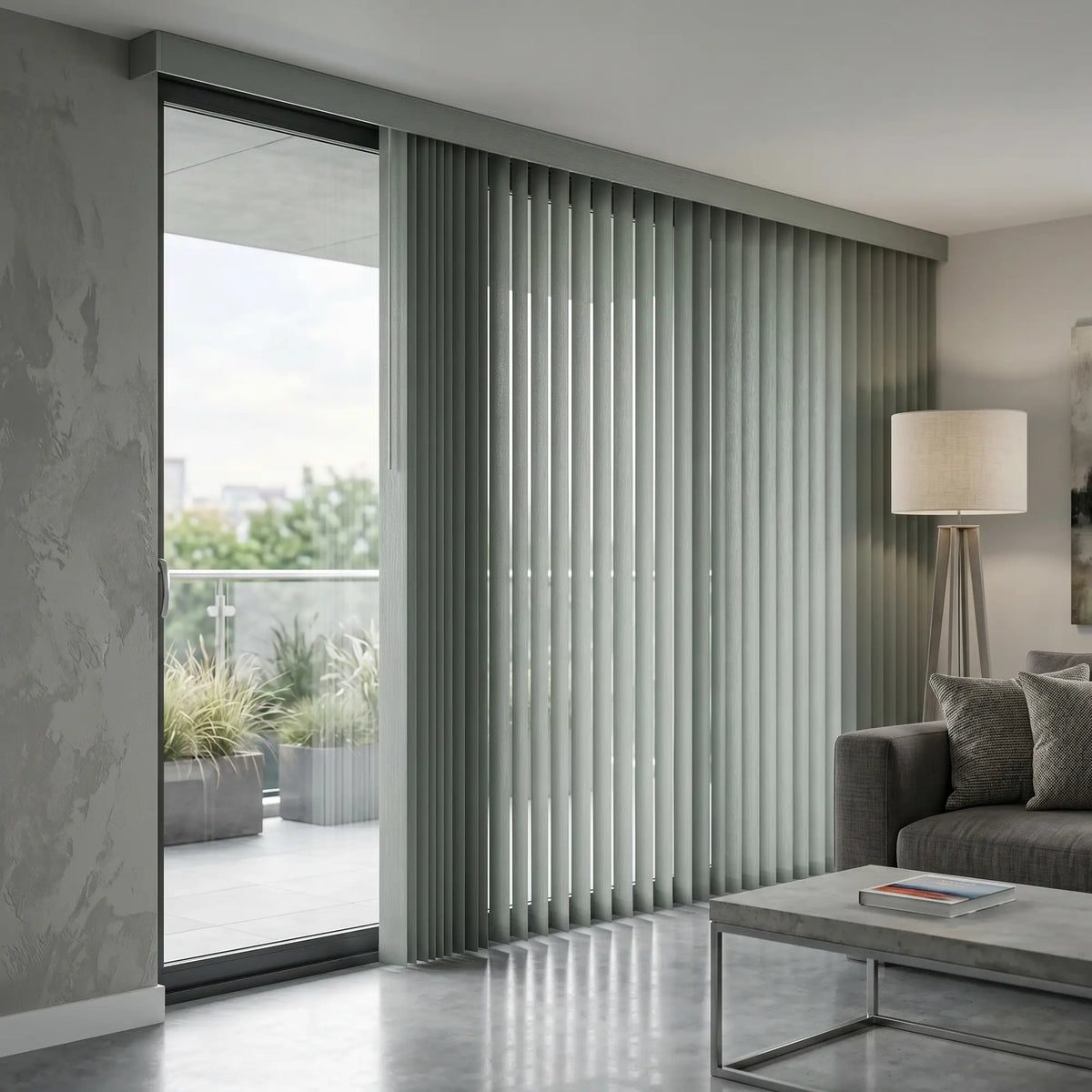 View of a modern patio with Emerald Signature Pvc Vertical Blinds, combining practical light filtering with a structured modern look.