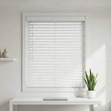 Load image into Gallery viewer, White Faux Wood 2" Blinds in a home office setting
