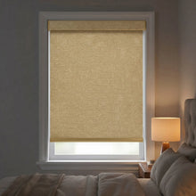 Load image into Gallery viewer, Functional Gold Luxe natural room darkening roller shades featuring a textured weave for a sophisticated window treatment.

