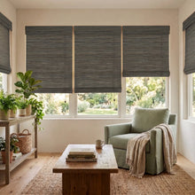 Load image into Gallery viewer, Cola Natural Bamboo Shades in charcoal gray on sunroom windows
