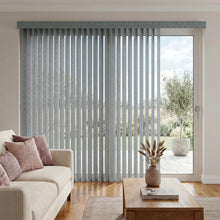 Load image into Gallery viewer, Styling a modern living room with Gray (Joann Blue Haze) Premier Pvc Vertical Blinds, allowing adjustable natural light through durable PVC vanes.
