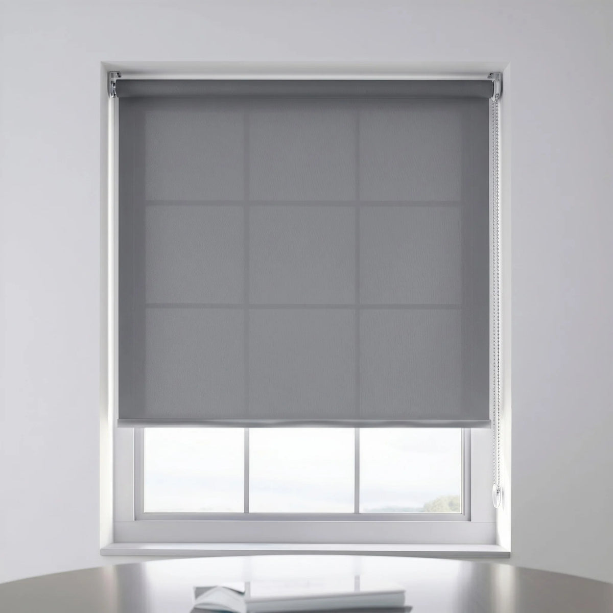 Main front view of gray ProGrade solar roller shades with 5 percent openness for glare control.