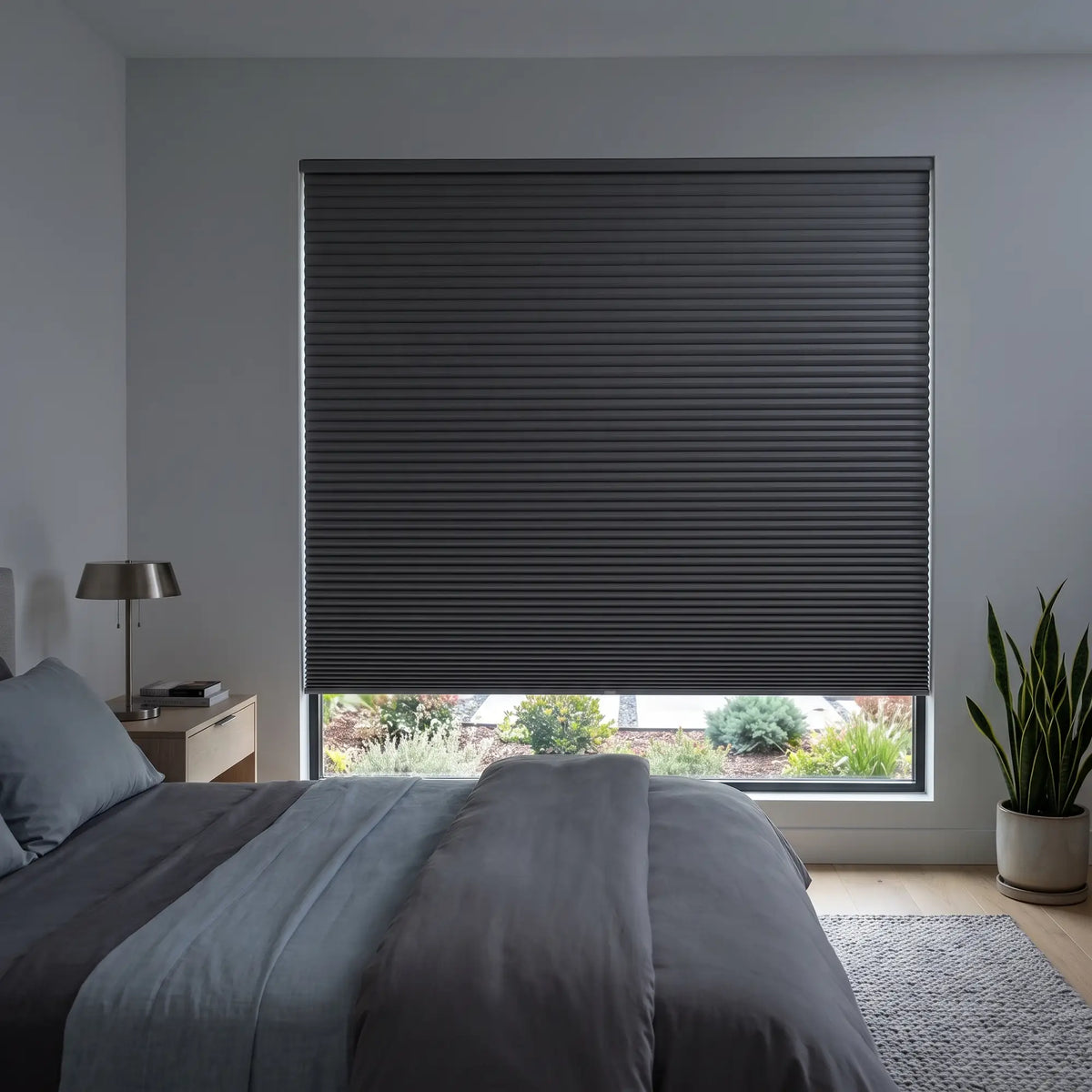 Gray Raindance Signature Blackout Double Cellular Shade on a bedroom window beside a wood nightstand