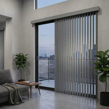 Load image into Gallery viewer, Styling a modern patio with Gray (Recital Grey) Signature Pvc Vertical Blinds, ideal for expansive windows requiring versatile light management.
