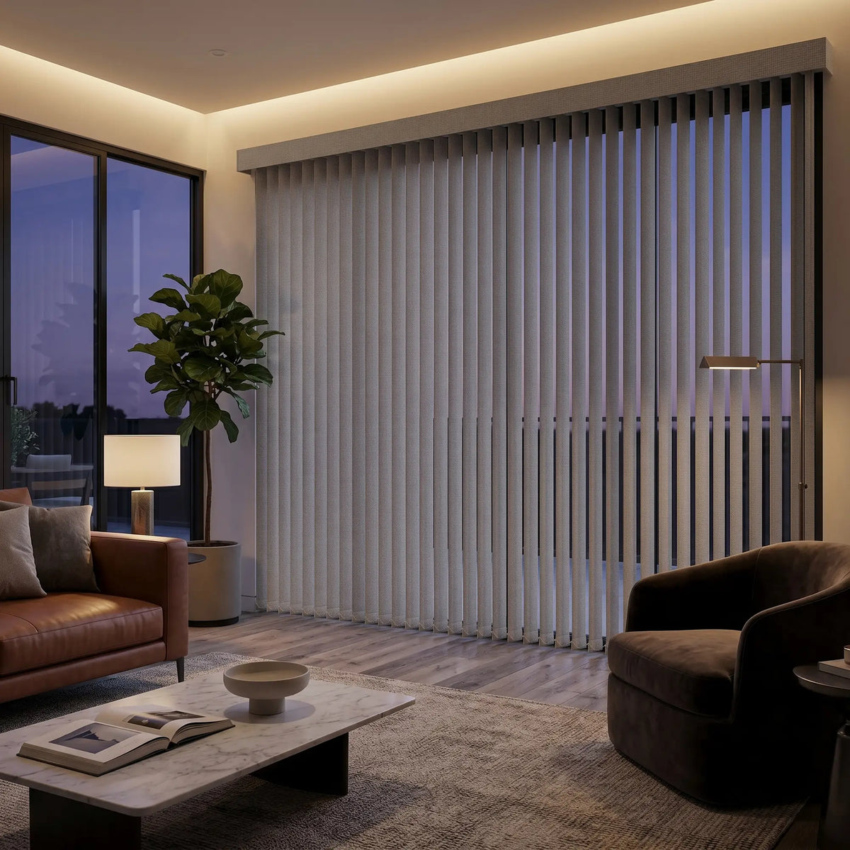 Gray 3 1/2 Inch S Shape Pvc Vertical Blinds providing a structured touch to a cozy living room, delivering a drapery-like aesthetic with easy-to-clean functionality.