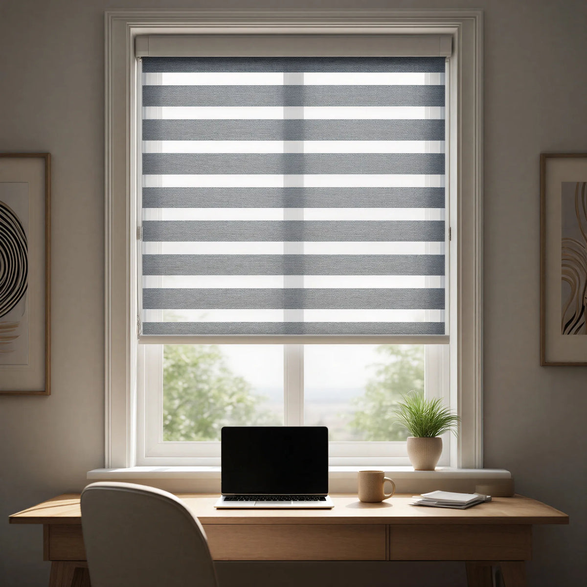 Cozy Home Office with Zebra Solar Roller Shades, providing elegant gray and white striped decor and UV protection for your eyes