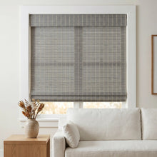 Load image into Gallery viewer, Upgrade your home decor with Cordless Woven Wood Shades, offering soft, gentle grayish tones and effortless control for a serene ambiance.
