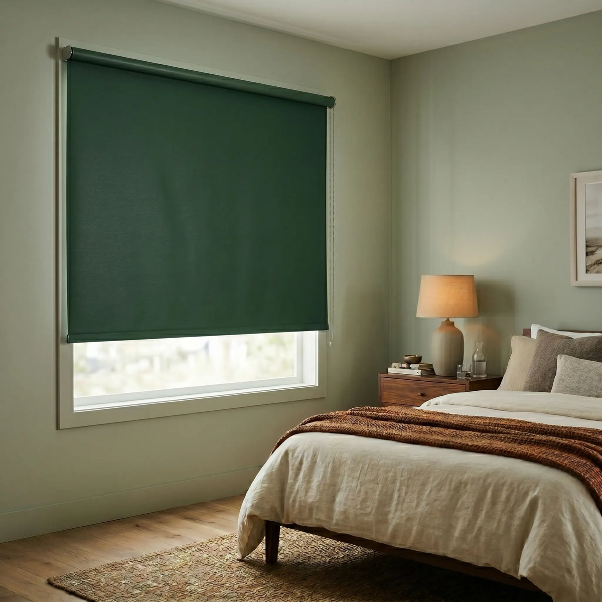 Classic Blackout Vinyl Roller Shades for a serene bedroom ambiance, featuring green accents and 0.13 thickness.