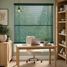 Load image into Gallery viewer, A cozy study featuring Green (Hunter Green) Classic Cordless 6g Aluminum Mini Blinds, managing sunlight effectively with easy-to-tilt aluminum slats.
