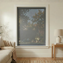 Load image into Gallery viewer, Main front view of a Grey Black Signature solar roller shade in a contemporary living room.
