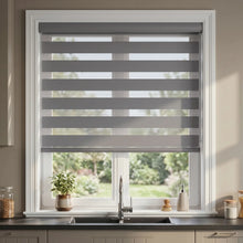 Load image into Gallery viewer, Zebra Room Darkening Roller Shades in Grey provide modern kitchen with privacy and natural light, while keeping warmth out during daytime.
