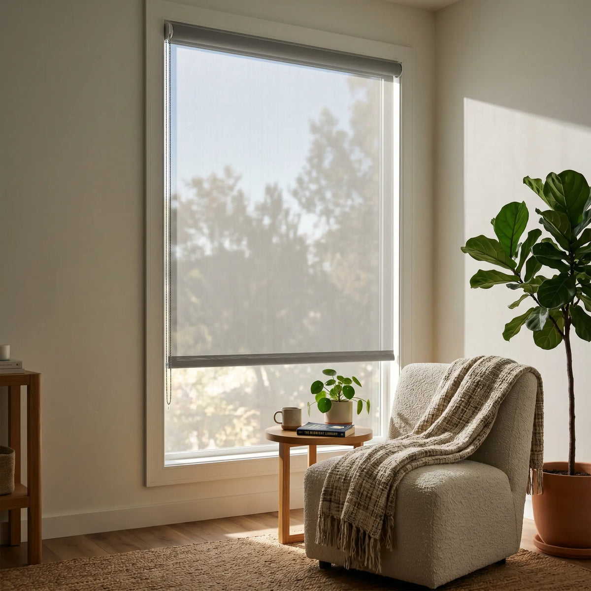Brighten up your space with Premier 10% Solar Screen Roller Shades in Creamy White, allowing natural light while filtering UV rays.