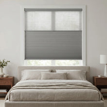 Load image into Gallery viewer, Grey 9 16 Classic Single Cell Daynight Cordless Shades installed in a peaceful bedroom, enhancing the window's aesthetic seamlessly.
